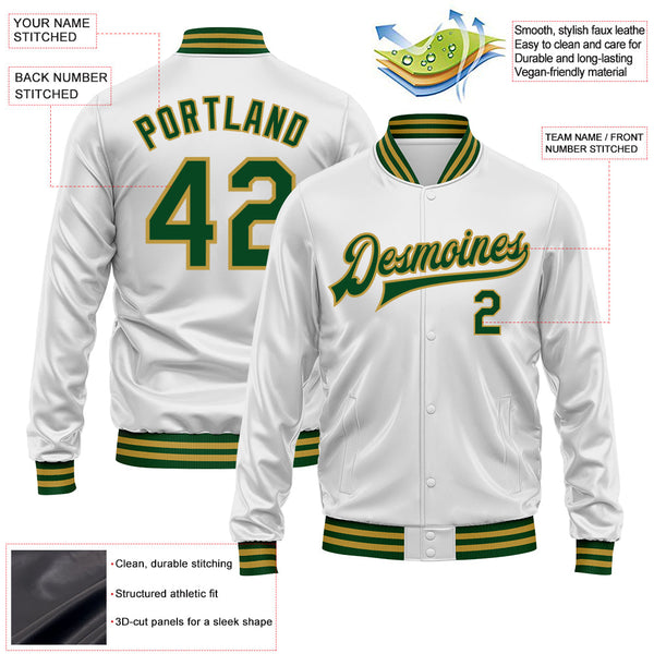 Custom White Green-Old Gold Bomber Full-Snap Varsity Faux Leather Letterman Jacket alternate