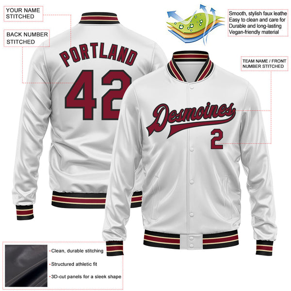 Custom White Crimson-Black Bomber Full-Snap Varsity Faux Leather Letterman Jacket alternate