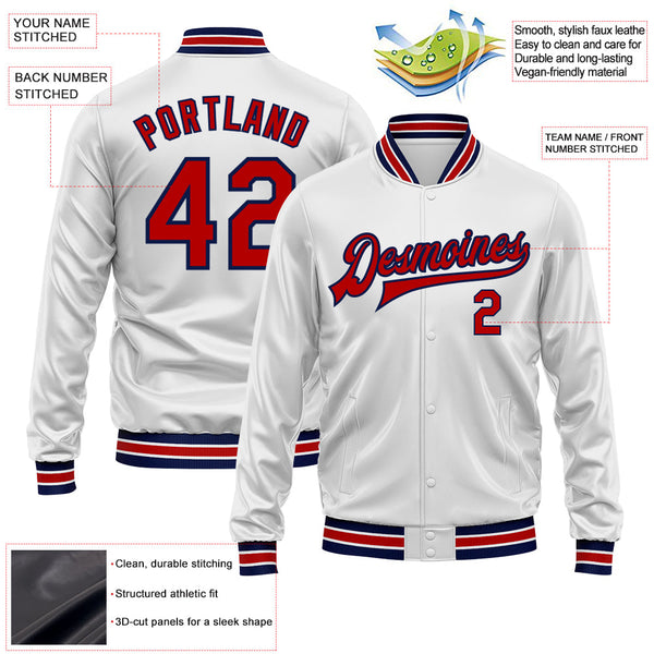 Custom White Red-Navy Bomber Full-Snap Varsity Faux Leather Letterman Jacket alternate