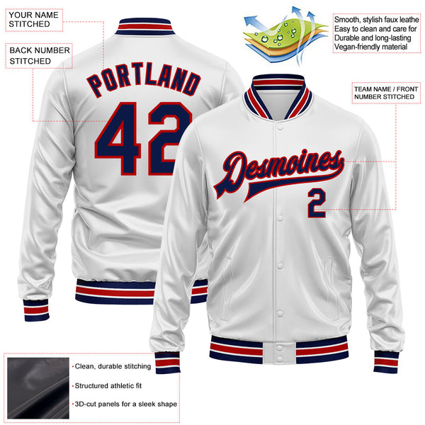 Custom White Navy-Red Bomber Full-Snap Varsity Faux Leather Letterman Jacket alternate