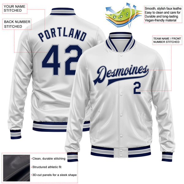 Custom White Navy-Gray Bomber Full-Snap Varsity Faux Leather Letterman Jacket alternate