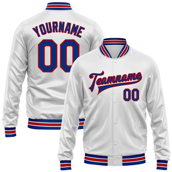 Custom White Royal-Red Bomber Full-Snap Varsity Faux Leather Letterman Jacket
