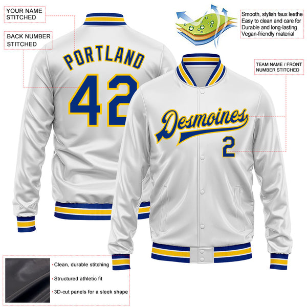 Custom White Royal-Yellow Bomber Full-Snap Varsity Faux Leather Letterman Jacket alternate