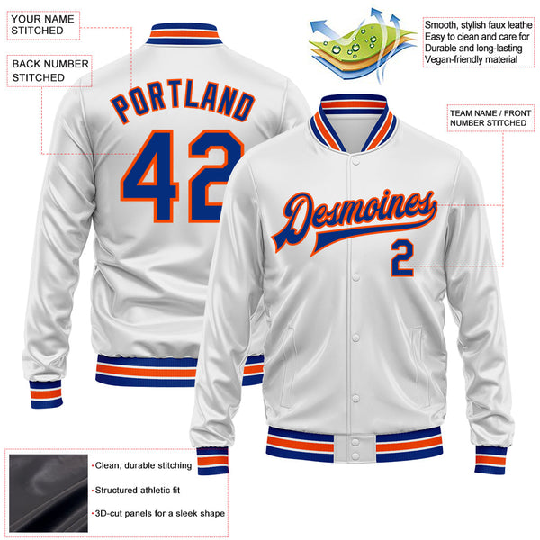 Custom White Royal-Orange Bomber Full-Snap Varsity Faux Leather Letterman Jacket alternate
