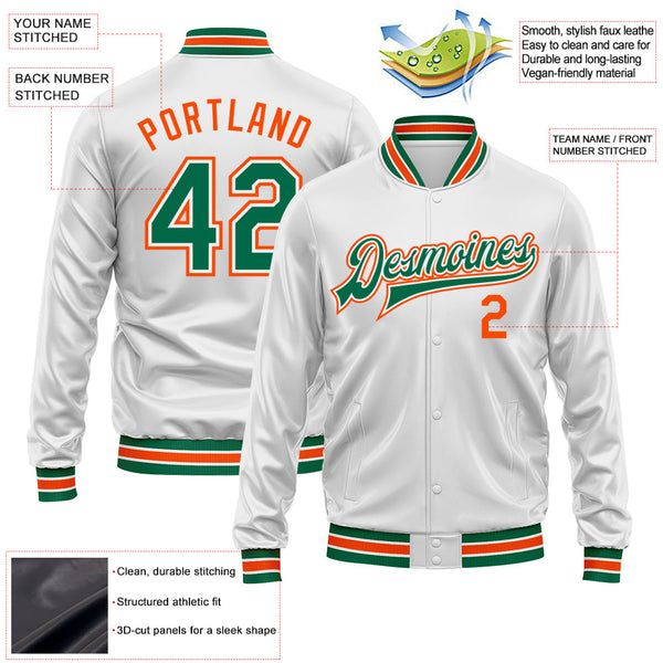Custom White Kelly Green-Orange Bomber Full-Snap Varsity Faux Leather Letterman Jacket alternate