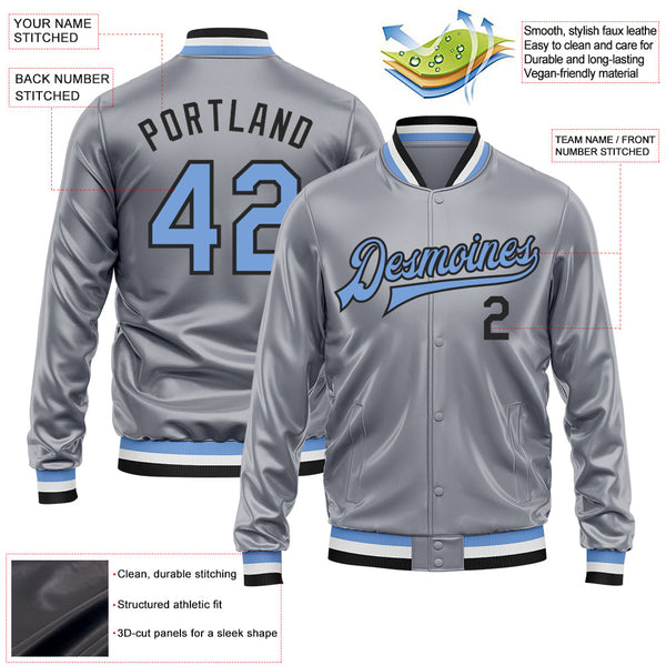 Custom Gray Light Blue-Black Bomber Full-Snap Varsity Faux Leather Letterman Jacket alternate
