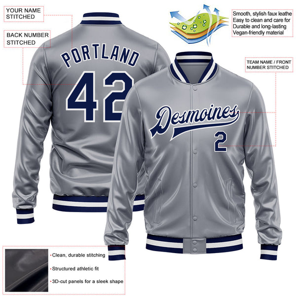 Custom Gray Navy-White Bomber Full-Snap Varsity Faux Leather Letterman Jacket alternate