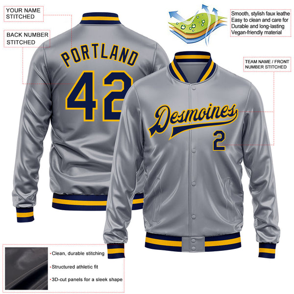 Custom Gray Navy-Gold Bomber Full-Snap Varsity Faux Leather Letterman Jacket alternate