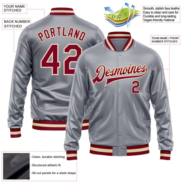 Custom Gray Maroon-Cream Bomber Full-Snap Varsity Faux Leather Letterman Jacket alternate