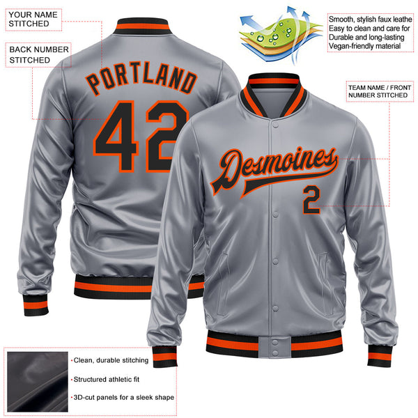 Custom Gray Black-Orange Bomber Full-Snap Varsity Faux Leather Letterman Jacket alternate