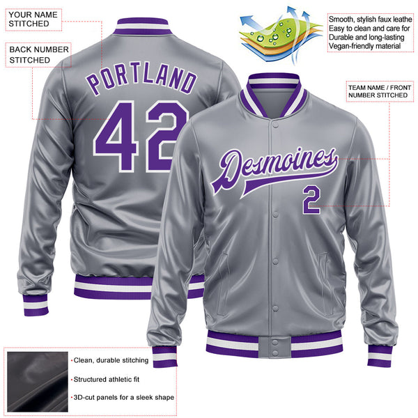 Custom Gray Purple-White Bomber Full-Snap Varsity Faux Leather Letterman Jacket alternate