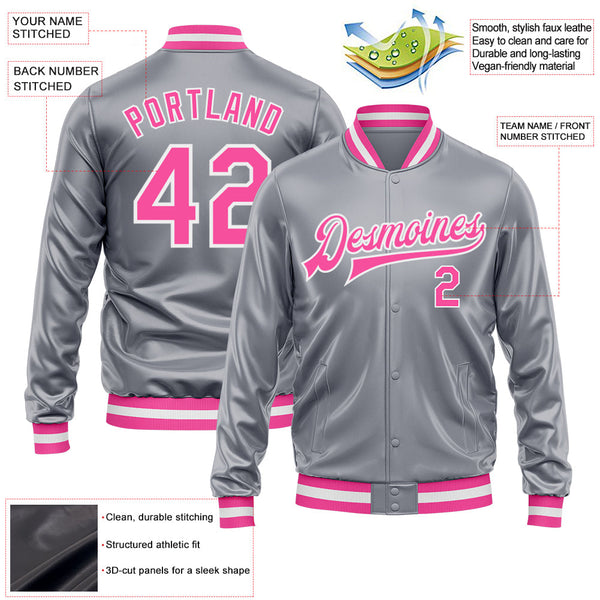 Custom Gray Pink-White Bomber Full-Snap Varsity Faux Leather Letterman Jacket alternate