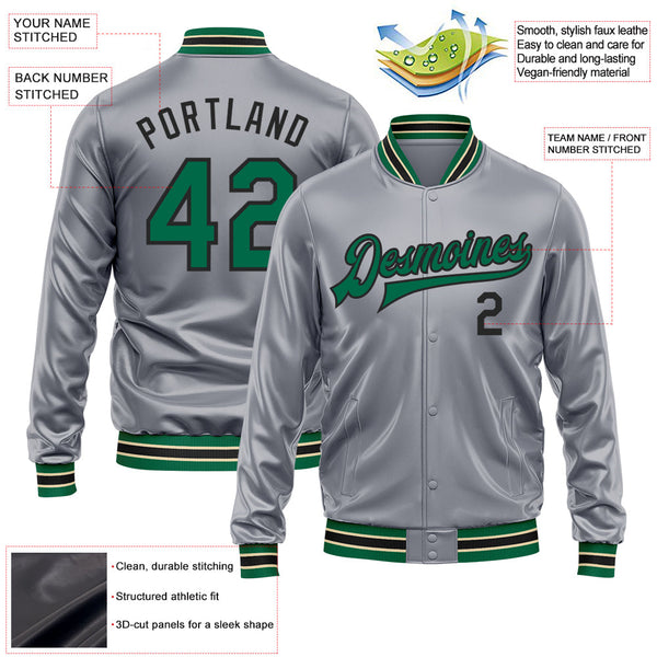 Custom Gray Kelly Green-Black Bomber Full-Snap Varsity Faux Leather Letterman Jacket alternate