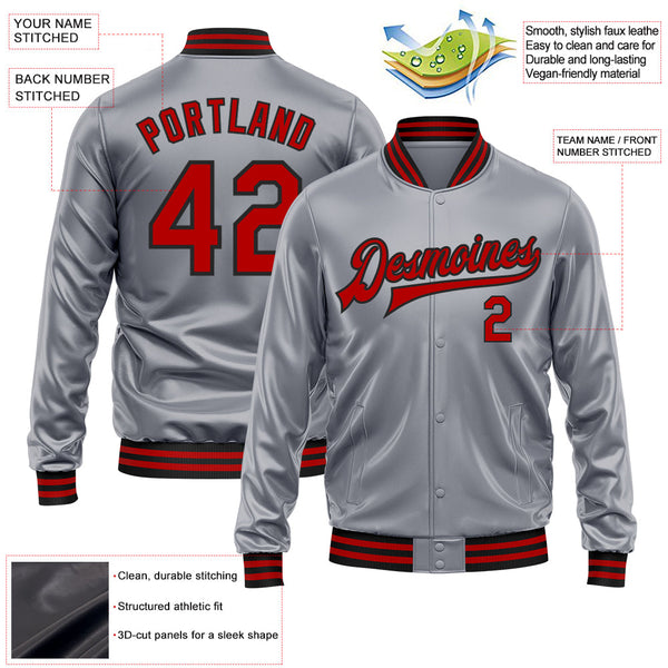 Custom Gray Red-Black Bomber Full-Snap Varsity Faux Leather Letterman Jacket alternate