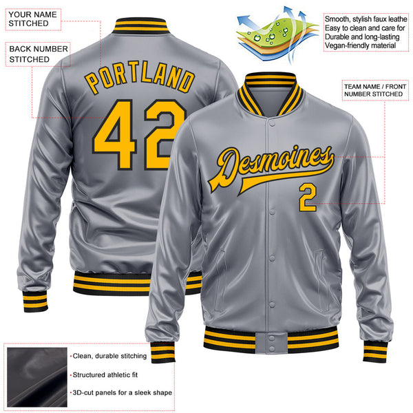 Custom Gray Gold-Black Bomber Full-Snap Varsity Faux Leather Letterman Jacket alternate