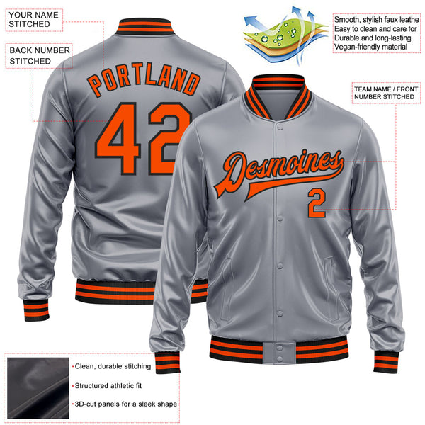 Custom Gray Orange-Black Bomber Full-Snap Varsity Faux Leather Letterman Jacket alternate
