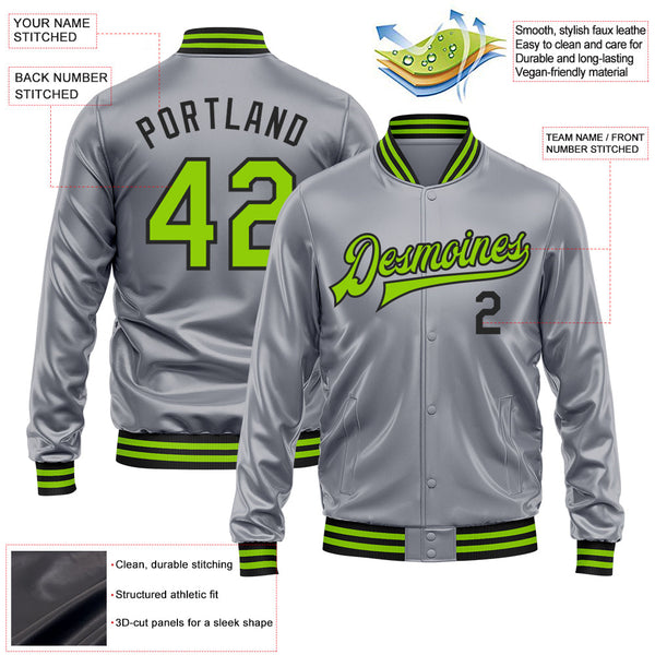 Custom Gray Neon Green-Black Bomber Full-Snap Varsity Faux Leather Letterman Jacket alternate