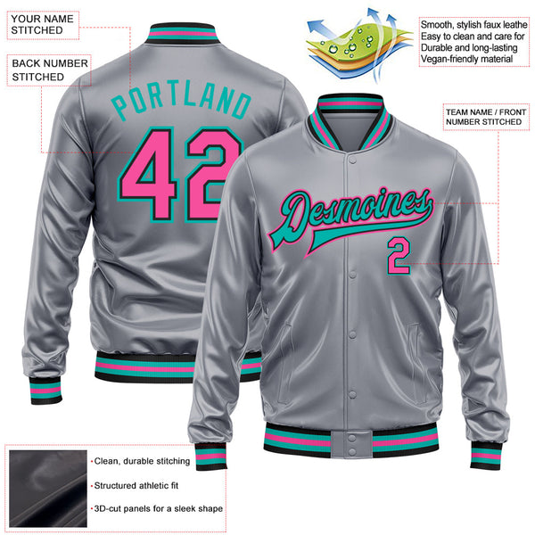Custom Gray Pink Aqua-Black Bomber Full-Snap Varsity Faux Leather Letterman Jacket alternate