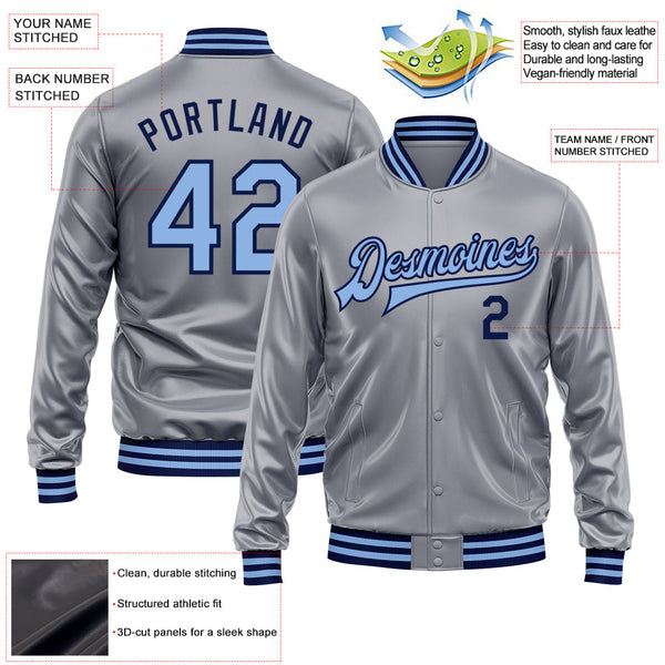 Custom Gray Light Blue-Navy Bomber Full-Snap Varsity Faux Leather Letterman Jacket alternate