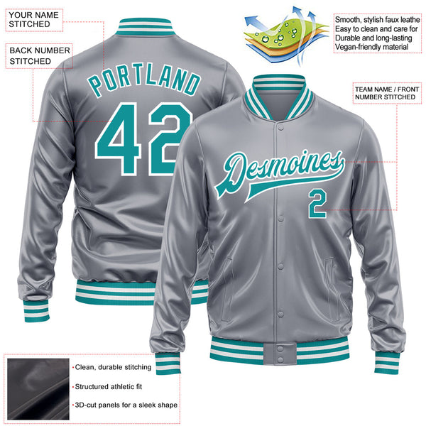 Custom Gray Teal-White Bomber Full-Snap Varsity Faux Leather Letterman Jacket alternate