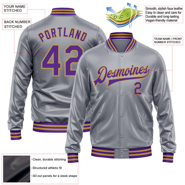 Custom Gray Purple-Old Gold Bomber Full-Snap Varsity Faux Leather Letterman Jacket alternate