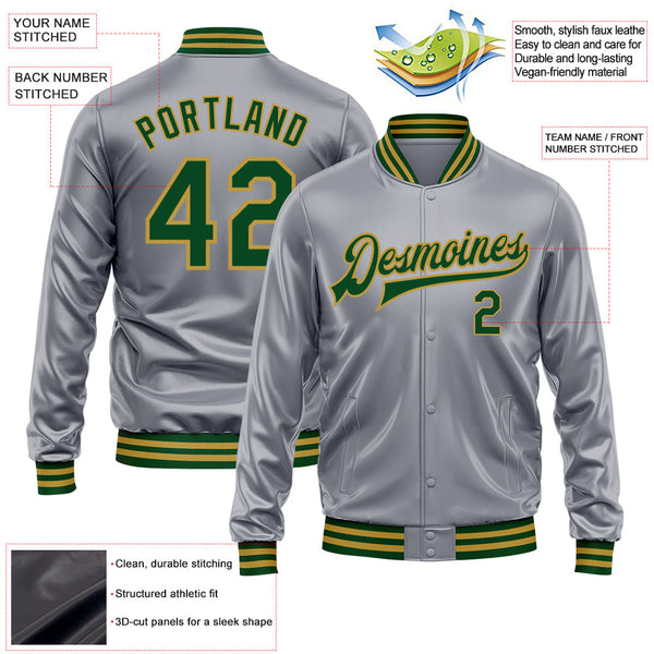 Custom Gray Green-Old Gold Bomber Full-Snap Varsity Faux Leather Letterman Jacket alternate
