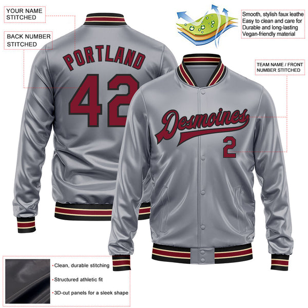 Custom Gray Crimson-Black Bomber Full-Snap Varsity Faux Leather Letterman Jacket alternate