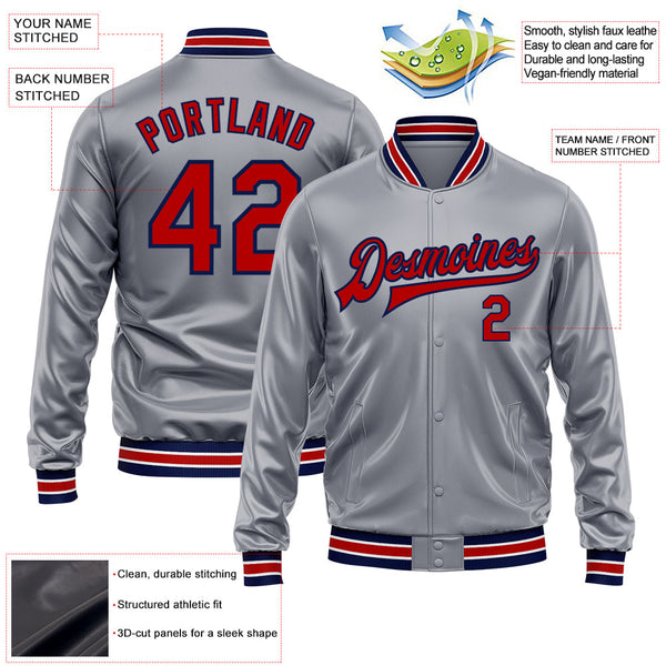 Custom Gray Red-Navy Bomber Full-Snap Varsity Faux Leather Letterman Jacket alternate