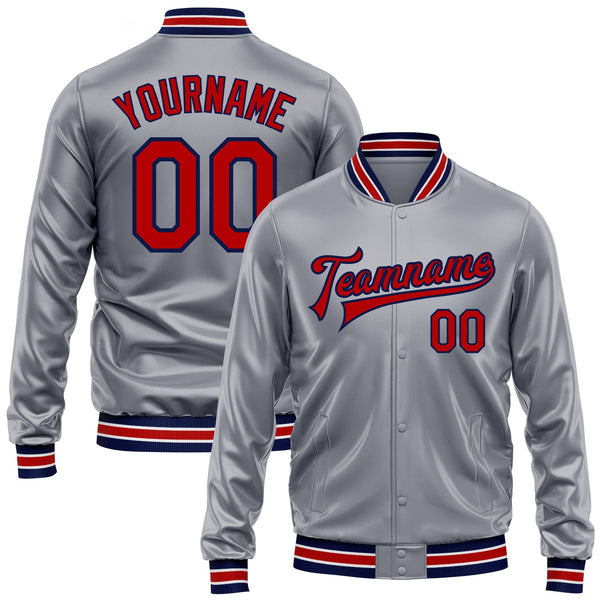 Custom Gray Red-Navy Bomber Full-Snap Varsity Faux Leather Letterman Jacket