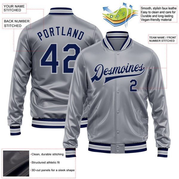Custom Gray Navy-Gray Bomber Full-Snap Varsity Faux Leather Letterman Jacket alternate