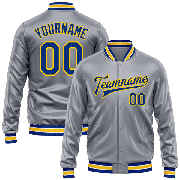 Custom Gray Royal-Yellow Bomber Full-Snap Varsity Faux Leather Letterman Jacket
