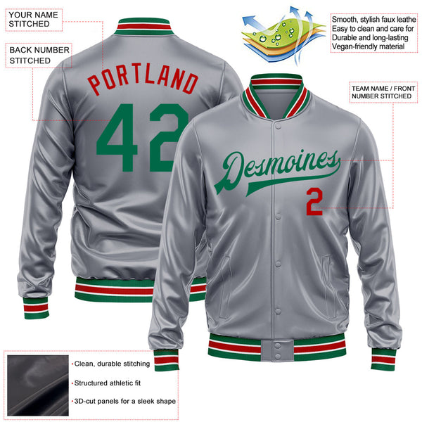 Custom Gray Kelly Green-Red Bomber Full-Snap Varsity Faux Leather Letterman Jacket alternate