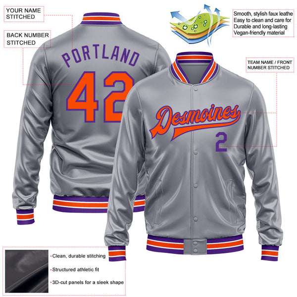 Custom Gray Orange-Purple Bomber Full-Snap Varsity Faux Leather Letterman Jacket alternate