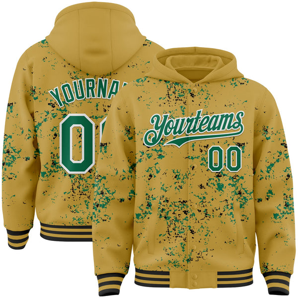 Custom Old Gold Kelly Green Black-White Fragment Pattern Bomber Full-Snap Varsity Letterman Hoodie Jacket
