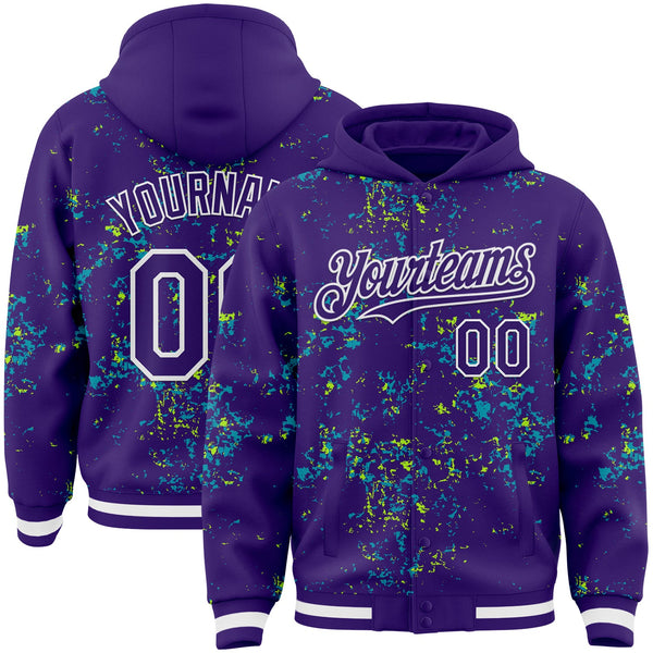 Custom Purple Teal Neon Green-White Fragment Pattern Bomber Full-Snap Varsity Letterman Hoodie Jacket