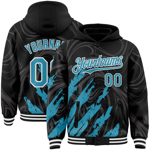 Custom Black Panther Blue-White Splash Bomber Full-Snap Varsity Letterman Hoodie Jacket