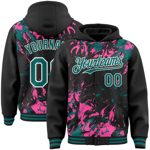 Custom Black Teal Pink-White Splash Bomber Full-Snap Varsity Letterman Hoodie Jacket