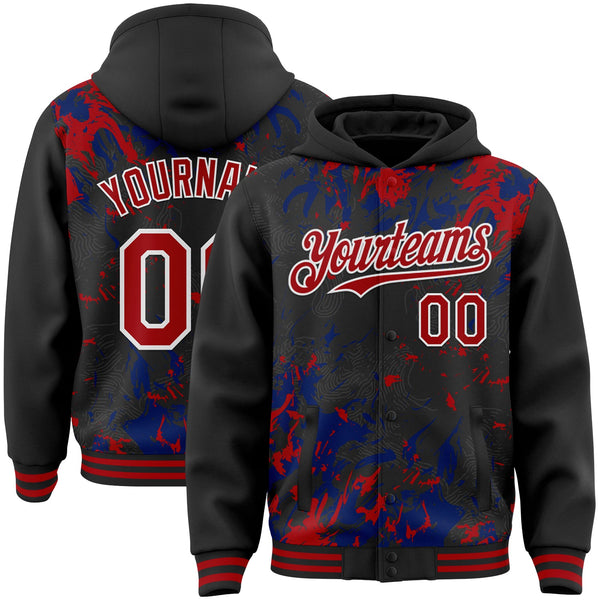Custom Black Red Royal-White Splash Bomber Full-Snap Varsity Letterman Hoodie Jacket