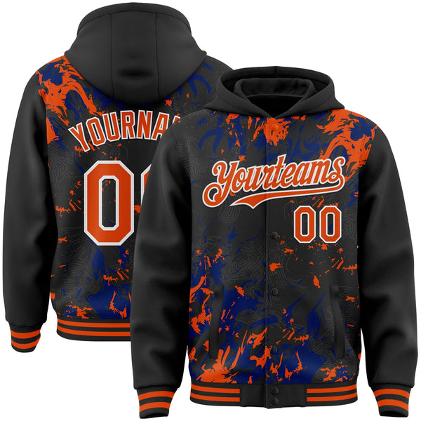 Custom Black Orange Royal-White Splash Bomber Full-Snap Varsity Letterman Hoodie Jacket