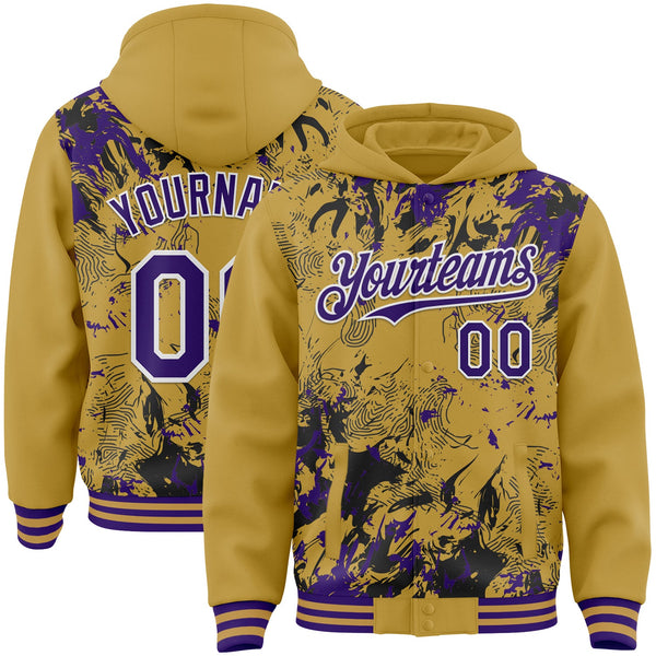 Custom Old Gold Purple Black-White Splash Bomber Full-Snap Varsity Letterman Hoodie Jacket