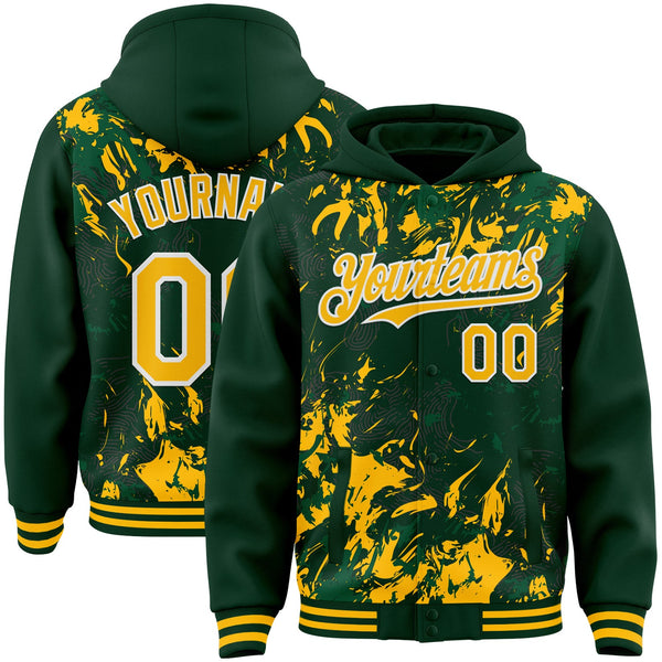 Custom Green Gold Kelly Green-White Splash Bomber Full-Snap Varsity Letterman Hoodie Jacket