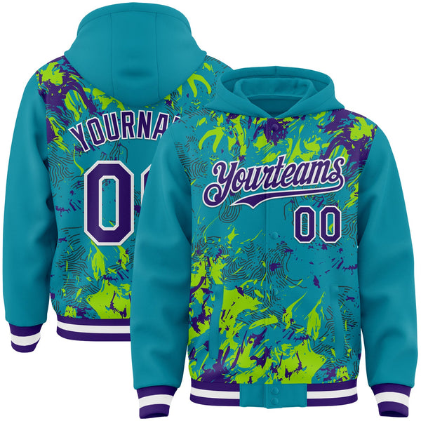 Custom Teal Purple Neon Green-White Splash Bomber Full-Snap Varsity Letterman Hoodie Jacket