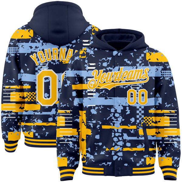 Custom Navy Gold Light Blue-White Abstract Fragment Shape Bomber Full-Snap Varsity Letterman Hoodie Jacket