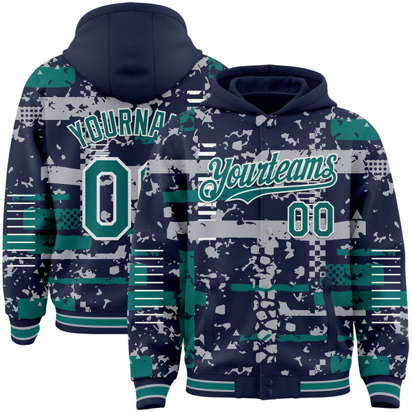 Custom Navy Teal Gray-White Abstract Fragment Shape Bomber Full-Snap Varsity Letterman Hoodie Jacket