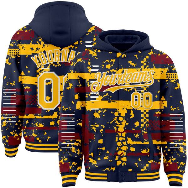 Custom Navy Gold Crimson-White Abstract Fragment Shape Bomber Full-Snap Varsity Letterman Hoodie Jacket