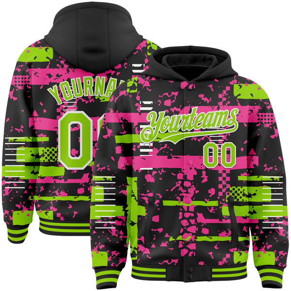 Custom Black Neon Green Pink-White Abstract Fragment Shape Bomber Full-Snap Varsity Letterman Hoodie Jacket