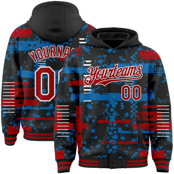 Custom Black Red Blue-White Abstract Fragment Shape Bomber Full-Snap Varsity Letterman Hoodie Jacket