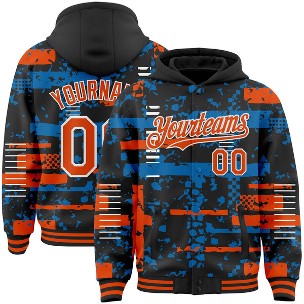 Custom Black Orange Blue-White Abstract Fragment Shape Bomber Full-Snap Varsity Letterman Hoodie Jacket