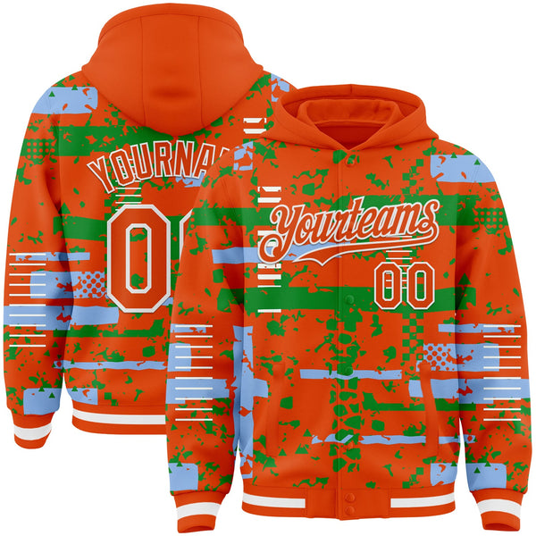 Custom Orange Light Blue Grass Green-White Abstract Fragment Shape Bomber Full-Snap Varsity Letterman Hoodie Jacket
