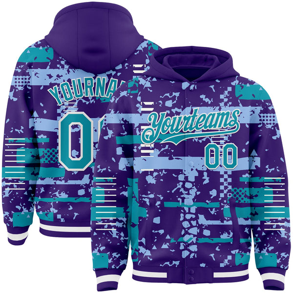 Custom Purple Teal Light Blue-White Abstract Fragment Shape Bomber Full-Snap Varsity Letterman Hoodie Jacket